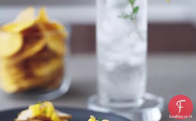 Chips di piantaggine con pollo e Mojito Salsa di Mango
