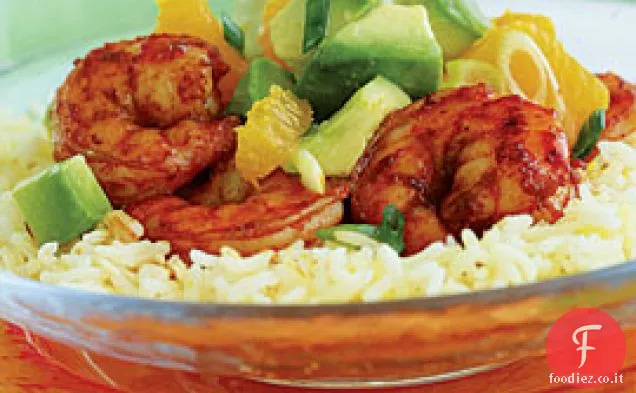 Gamberetti alla paprika con salsa all'arancia e avocado