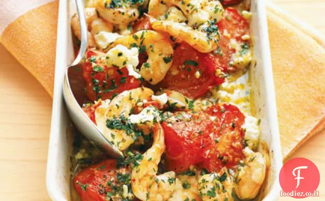 Pomodori arrostiti con gamberi e Feta