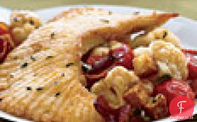 Pattino croccante con cavolfiore, pancetta, capperi e crostini