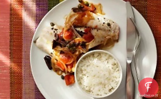 Dentice rosso con composta di pomodoro e olive e riso