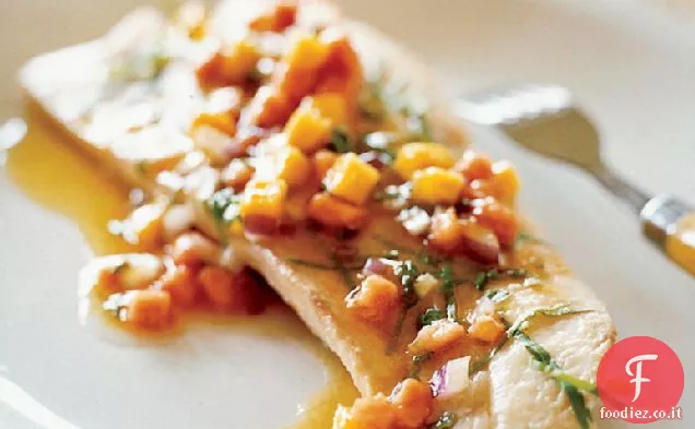 Snapper rosso in camicia con papaya e salsa di Mango Vierge