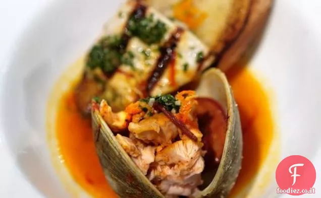 Collare di pesce spada Brasato con Chorizo e vongole