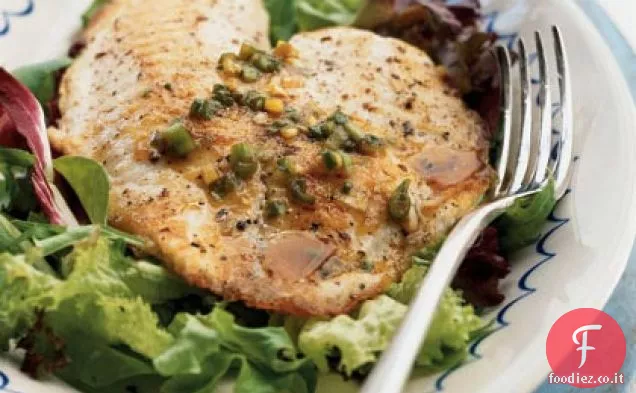 Tilapia saltata con condimento al miele e scalogno