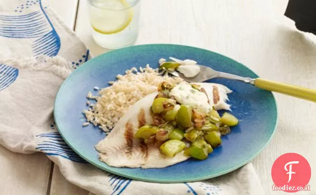 Tilapia con salsa di Tomatillo alla griglia e Mayo Serrano