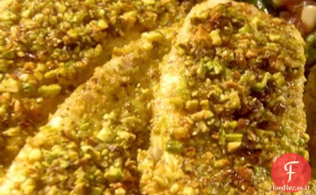 Tilapia in crosta di pistacchio con bietole, Prosciutto Cotto, Gorgonzola e Pinoli