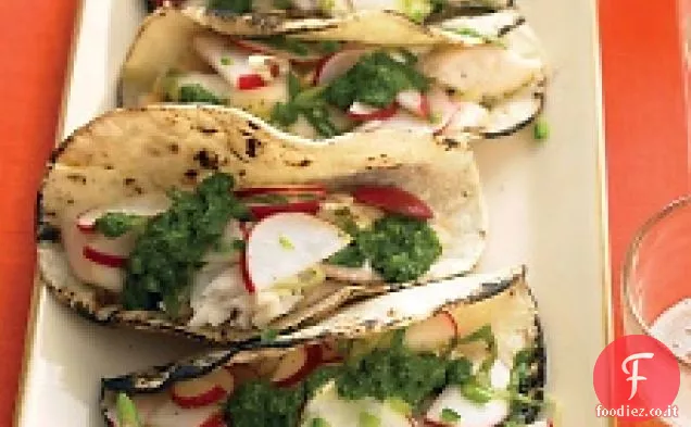 Tacos di pesce con Salsa Verde e insalata di ravanelli