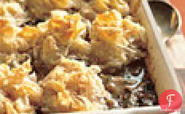 Torta di pollo e funghi con crosta di fillo-parmigiano