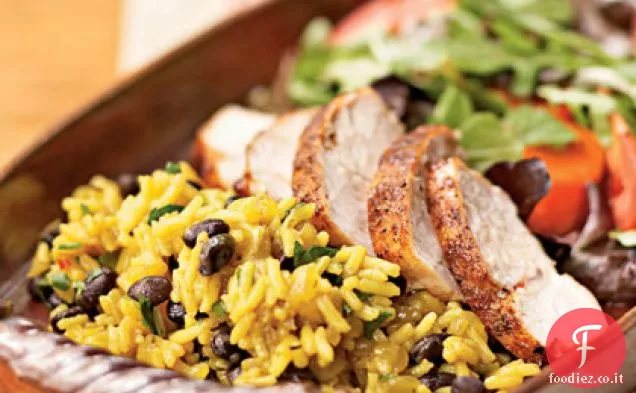 Jerk-Tacchino condito con fagioli neri e riso giallo