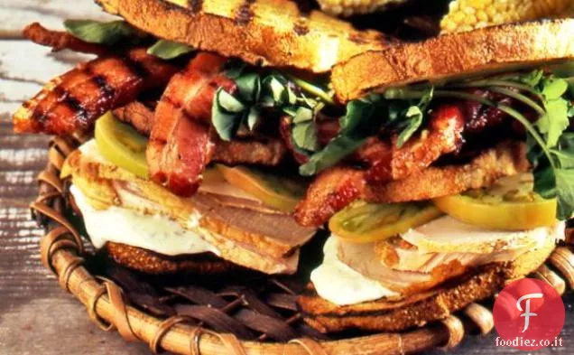 Petto di tacchino alla griglia con pancetta, Pomodoro verde con formaggio di capra-Salvia Maionese