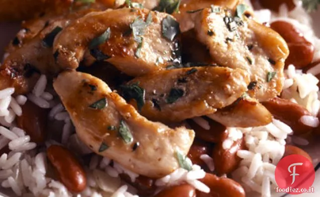 Pollo al coriandolo con fagioli e riso
