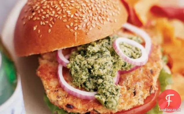 Hamburger di Salmone al Wasabi con Edamame-Pesto di Coriandolo