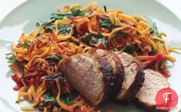 Maiale glassato al peperoncino con hash di patate dolci