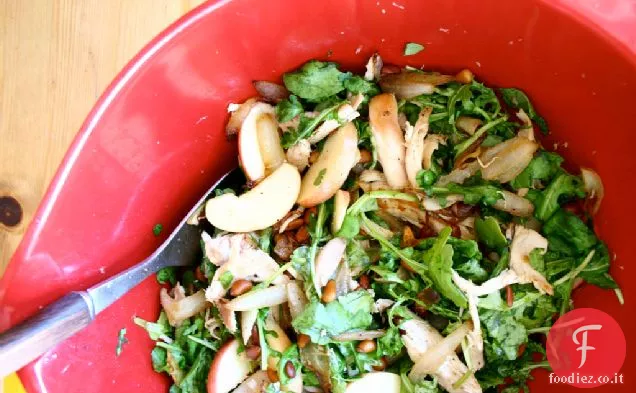 Insalata di pollo con mela, rucola, pinoli e cipolla
