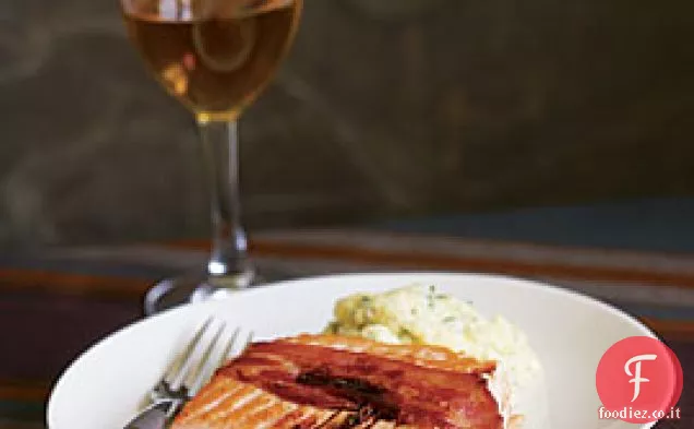 Salmone scottato su pancetta con Aceto balsamico, Miele e rosmarino