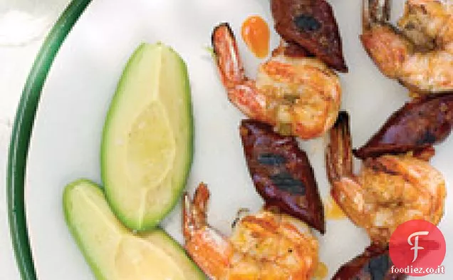Gamberi alla griglia e Chorizo su spiedini