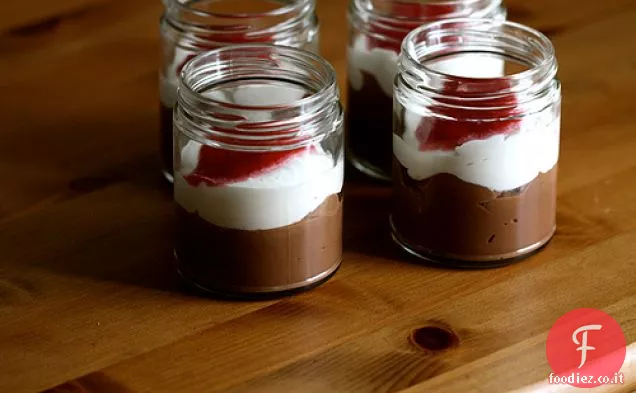 Budino al cioccolato al latte con crema e salsa di lamponi