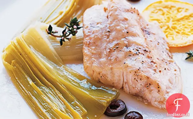 Spigola striata con porri brasati, Arancia e Timo