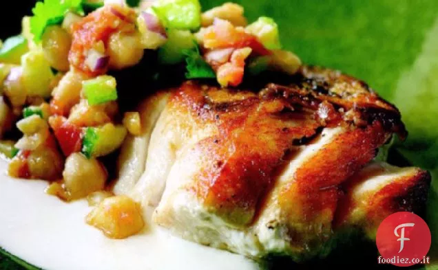 Cook the Book: Branzino a righe arrostito in padella con insalata di ceci tunisina e salsa allo yogurt