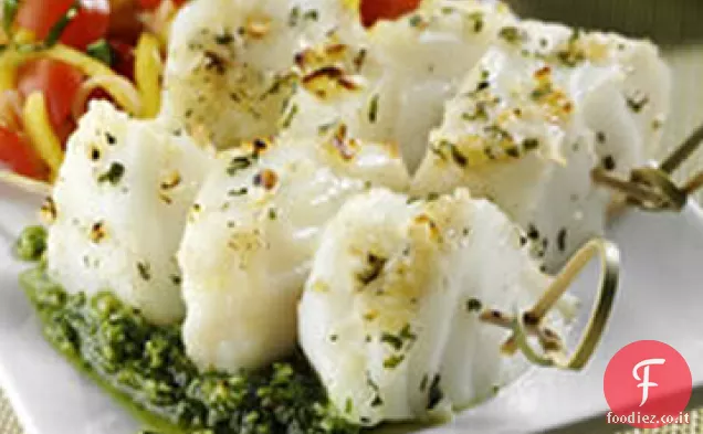 Spigola allo spiedo con Pesto di Spinaci e Salsa di Mango