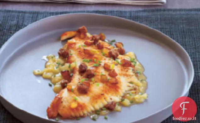 Filetto di skate saltato con mele caramellate e fegato di pollo