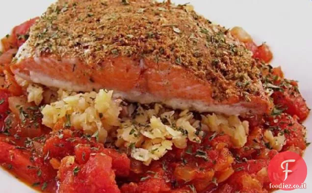 Salmone speziato marocchino su lenticchie