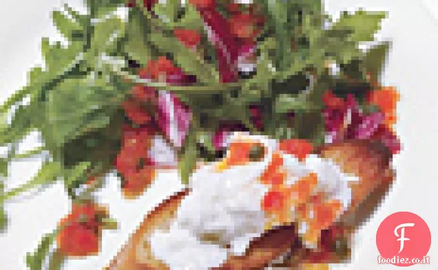 Insalata di Radicchio e Rucola con condimento al pepe arrosto e crostini di Burrata