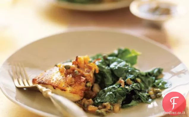 Spigola rigata con Vinaigrette di scalogno tostato e Spinaci