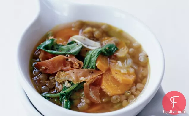 Zuppa di lenticchie con Prosciutto Serrano e Rucola