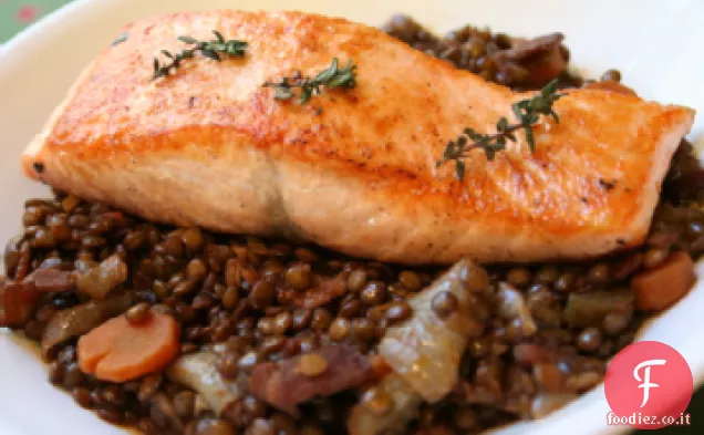Salmone con Lenticchie e Pancetta