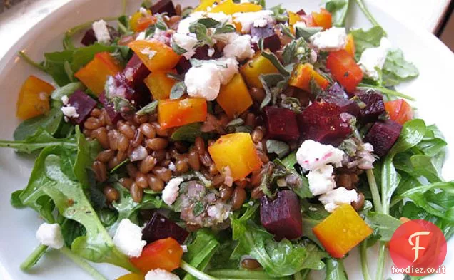 Insalata di barbabietole arrosto con frutti di bosco di grano, rucola e feta