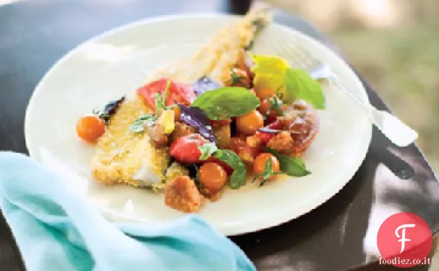 Farina di Mais-Trota fritta con Pomodoro, Acetosa e Basilico Panzanella