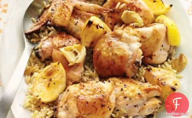 Pollo arrostito al limone con insalata di rucola e Orzo Dilled di T