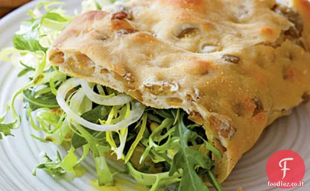 Piadine di olive con Insalata di rucola e Vinaigrette di capperi