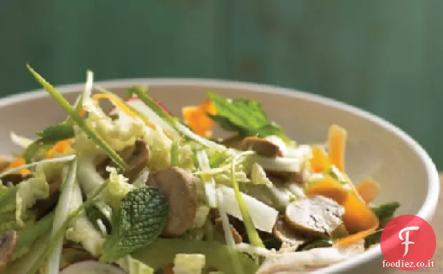 Insalata di pollo, funghi e cavolo con salsa di soia e limone