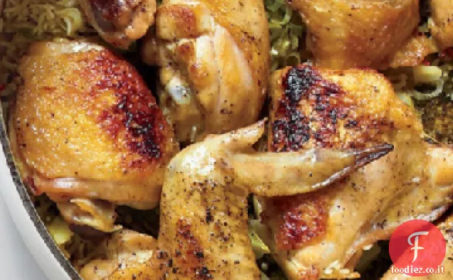 Pollo con riso, broccoli e scalogno