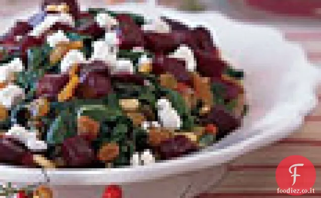 Bietole svizzere con barbabietole, formaggio di capra e uvetta