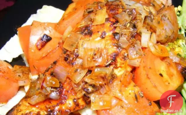 Pollo saltato con Vinaigrette al pomodoro e zafferano