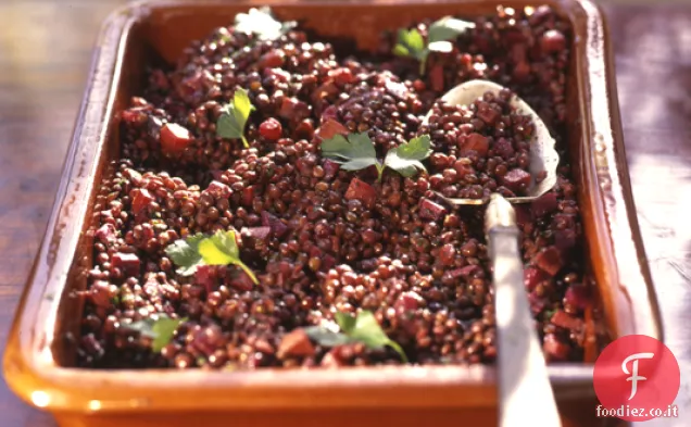 Lenticchie verdi francesi arrostite con carote e barbabietole