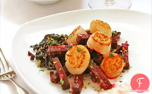 Capesante scottate con barbabietole arrosto, verdure saltate, Agrumi Grem