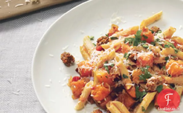 Pasta multi-grano con zucca, agnello macinato e Kasseri