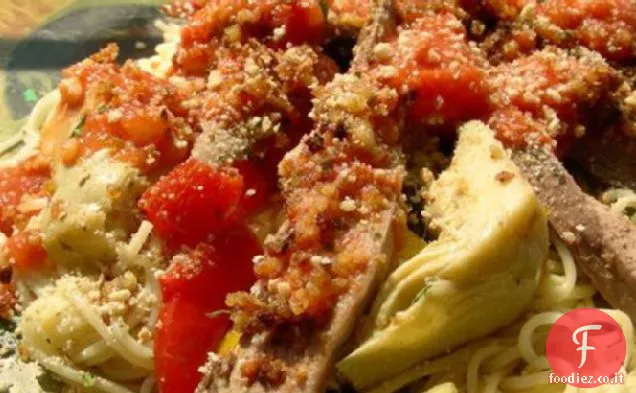 Spaghetti con Agnello, Feta e Carciofi