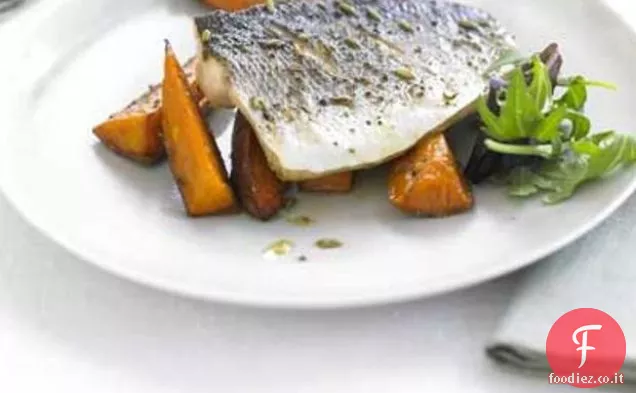 Branzino Scottato con semi di Finocchio e patate dolci arrosto