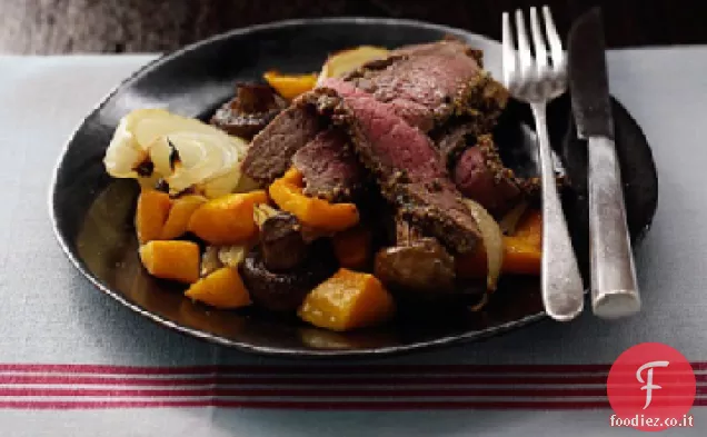 Bistecca al pepe con zucca e funghi